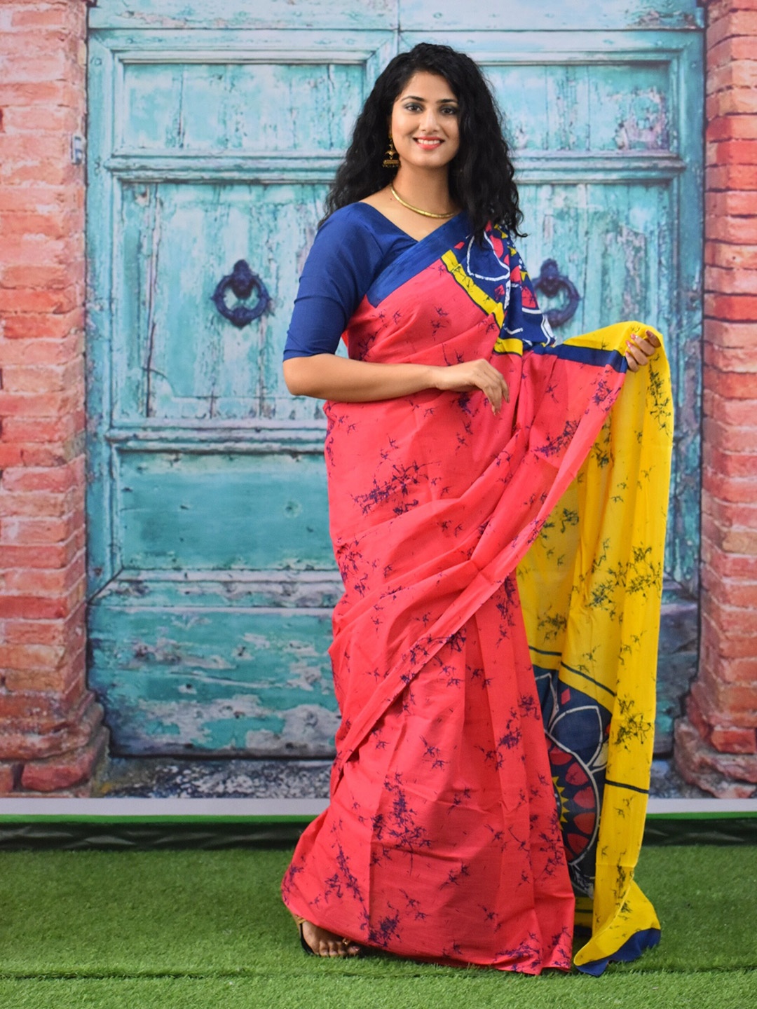 

clothonus Tie and Dye Pure Cotton Block Print Saree, Pink