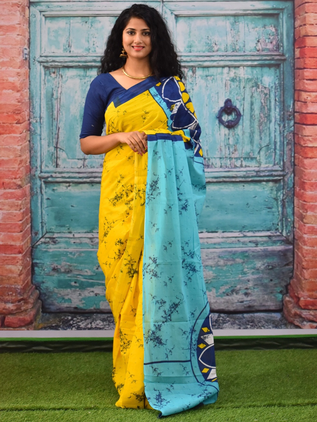 

clothonus Batik Block Printed Mulmul Cotton Saree, Yellow