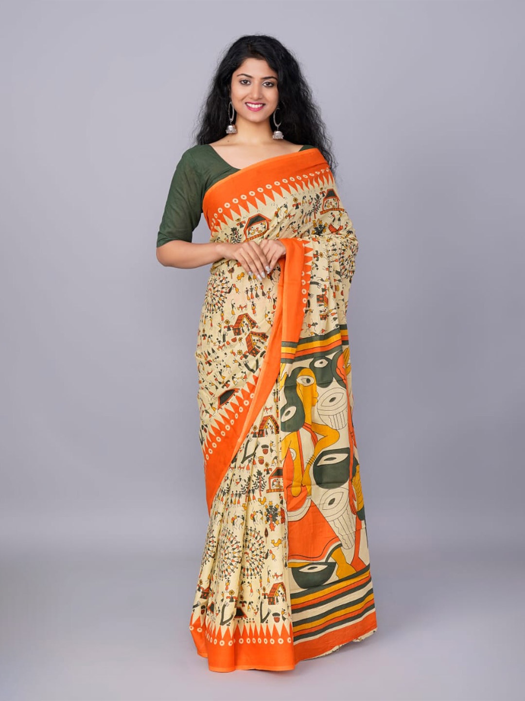 

clothonus Ethnic Motifs Pure Cotton Block Print Saree, Cream