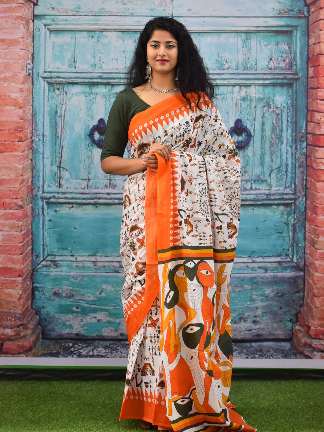 

clothonus Ethnic Motifs Pure Cotton Block Print Saree, White
