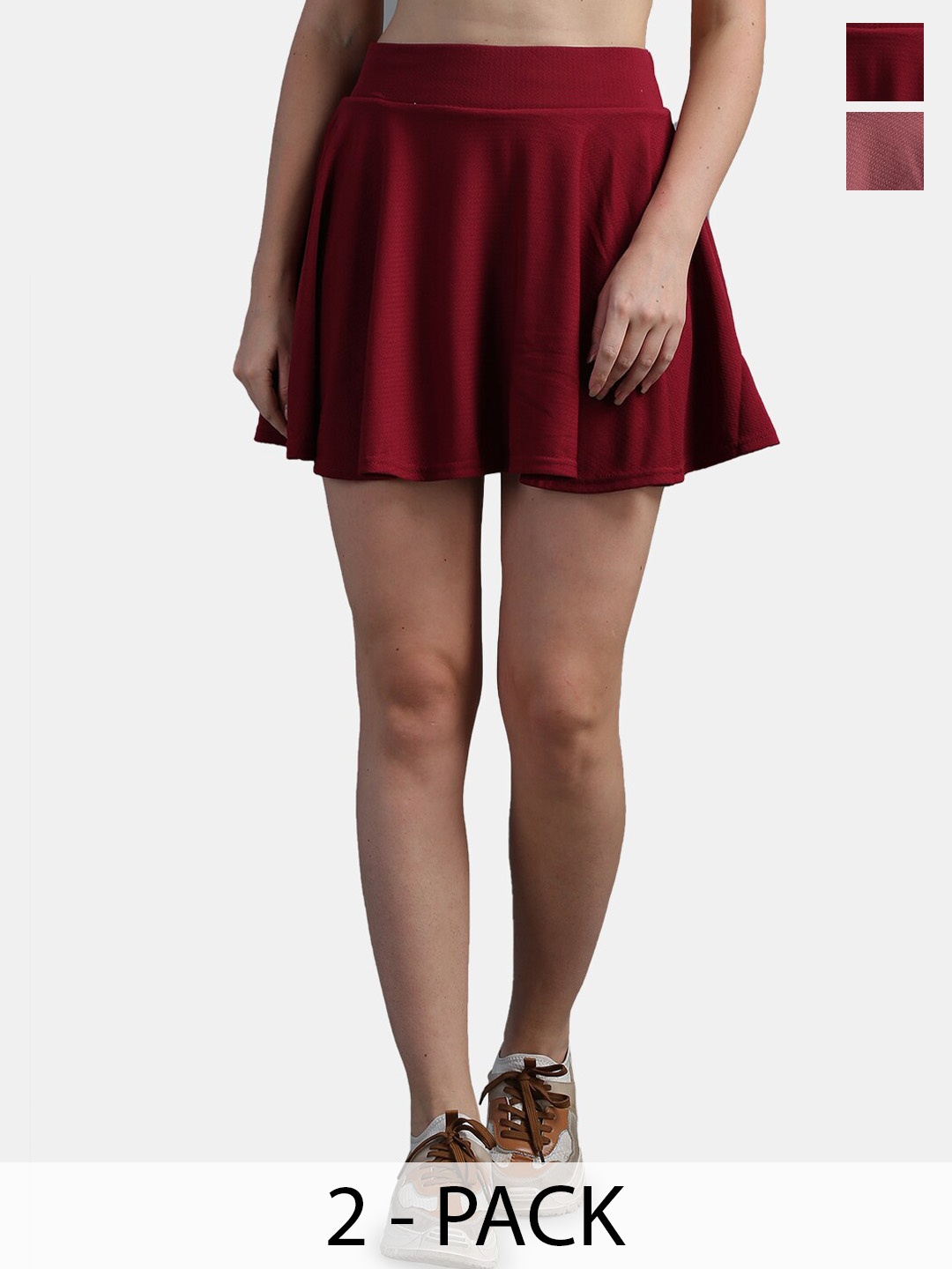 

N-Gal Pack of 2 Stretchable Mini Length Flared Skirts, Maroon