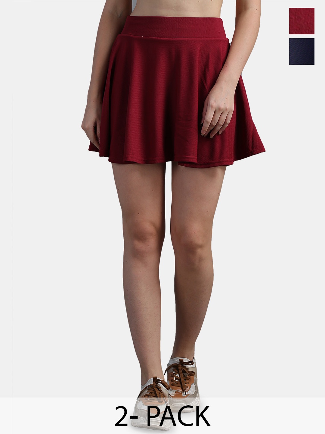 

N-Gal Pack Of 2 Stretchable Flared Casual Skater Short Mini Skirt, Maroon
