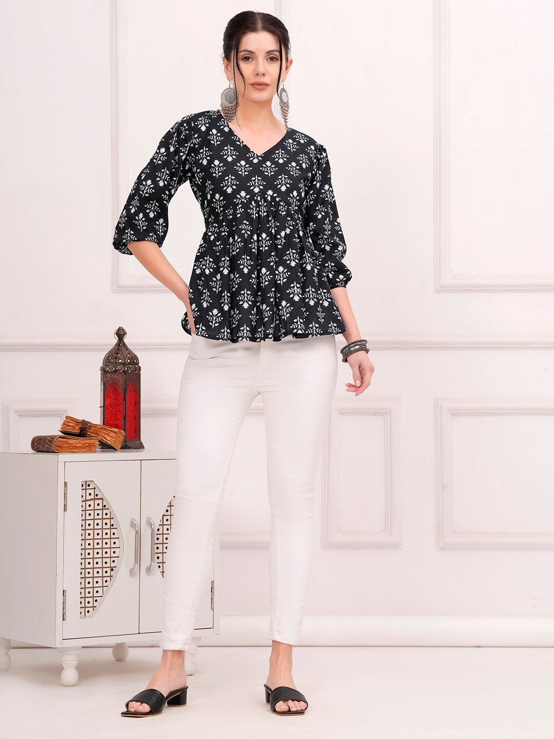 

SHIONS Floral Print Ethnic Cotton Top, Black