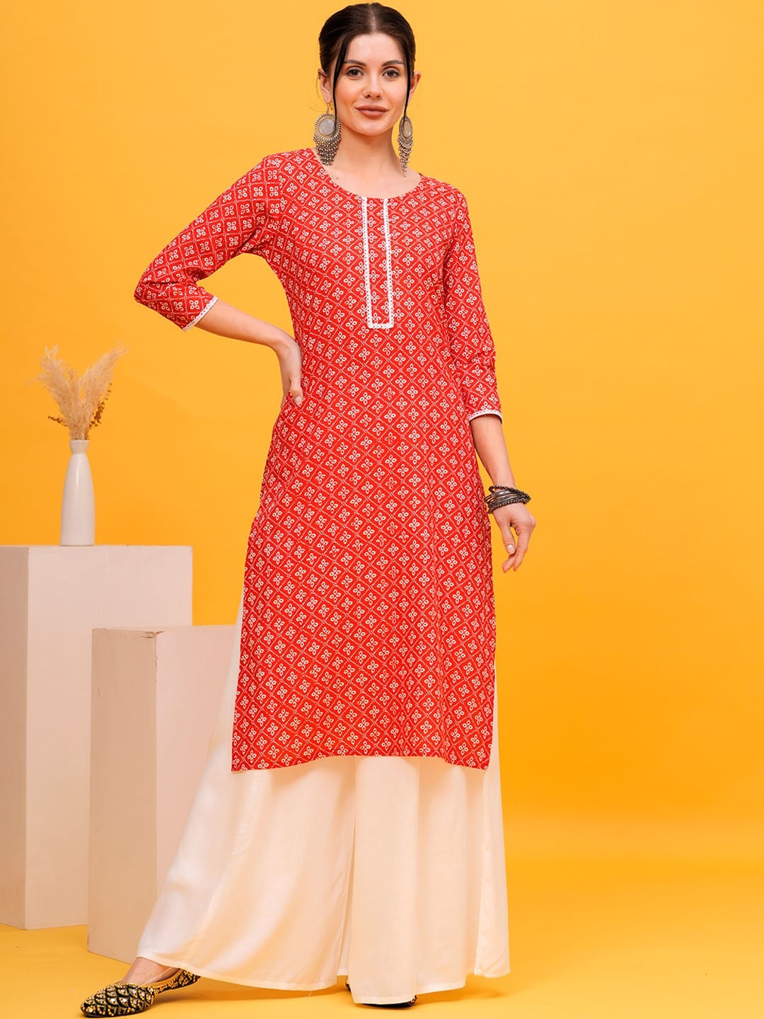 

SHIONS Ethnic Motifs Printed Cotton Kurta, Orange