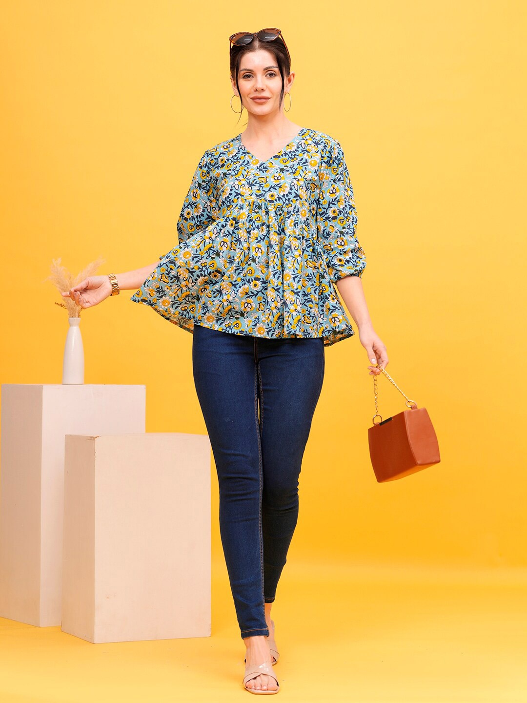

SHIONS Floral Print Cotton Top, Blue