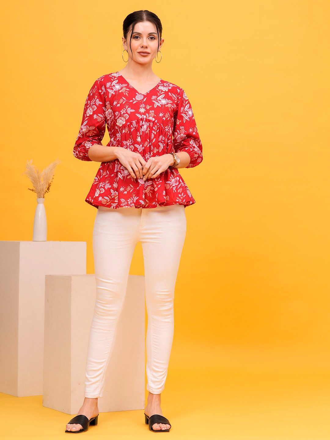 

SHIONS Floral Print Cotton Peplum Top, Red