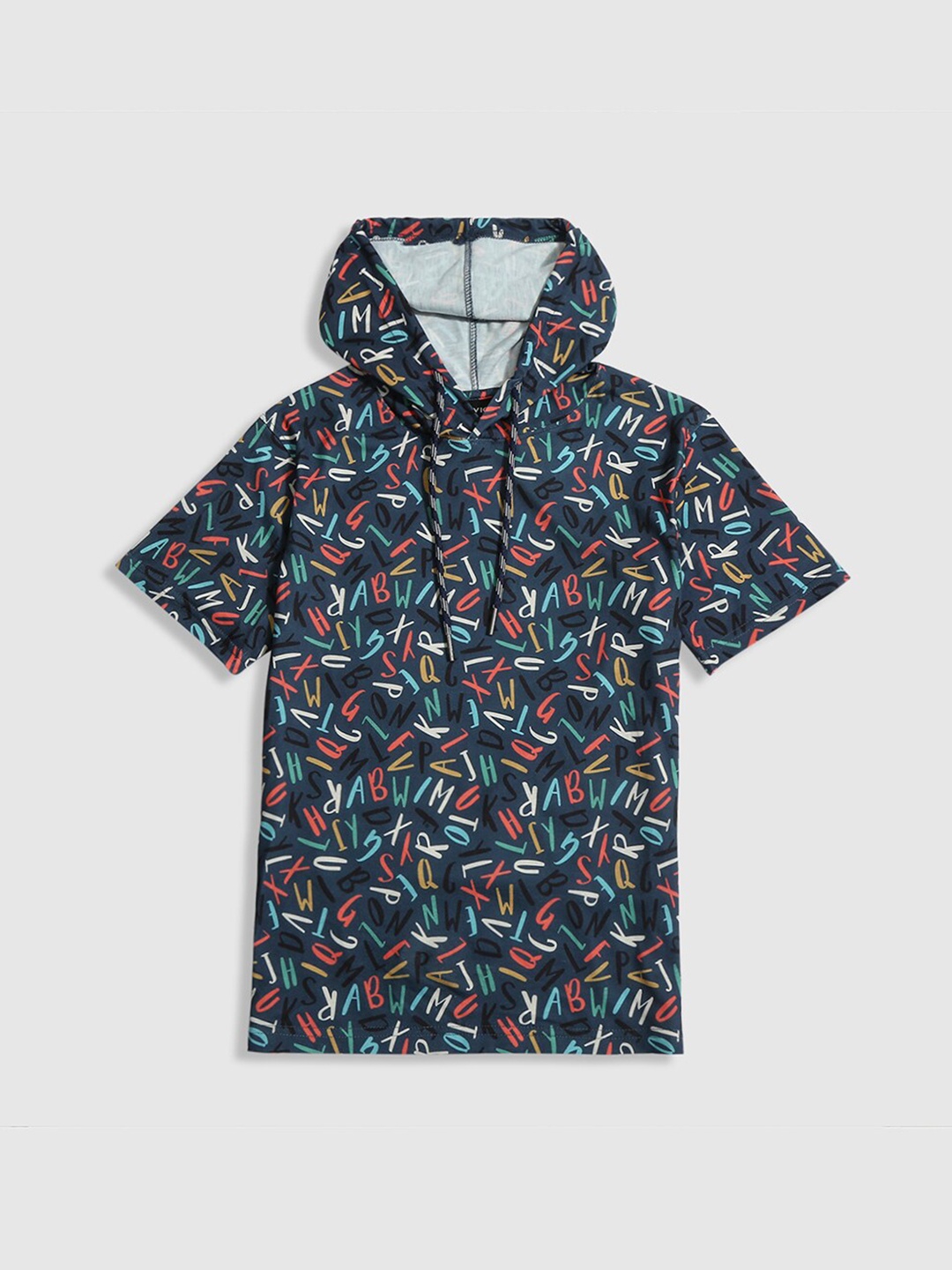 

CAVIO Boys Typography Printed Hooded Pure Cotton T-Shirt, Navy blue