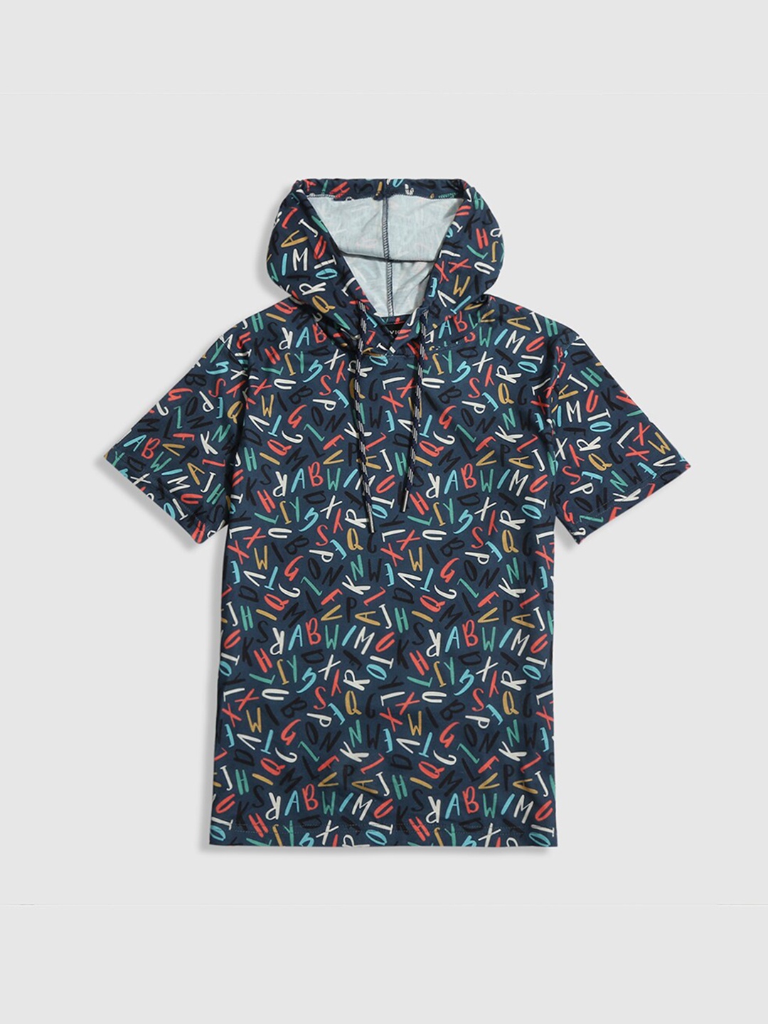 

CAVIO Boys Typography Printed Hooded Pure Cotton T-Shirt, Navy blue
