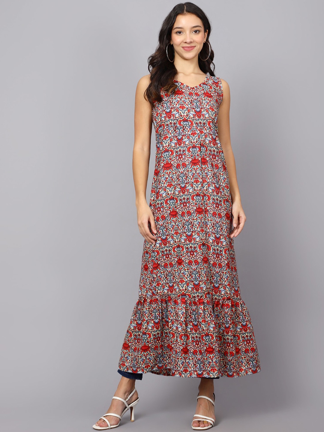 

VESICLE Floral Printed V-Neck Sleeveless A-Line Kurta, Navy blue