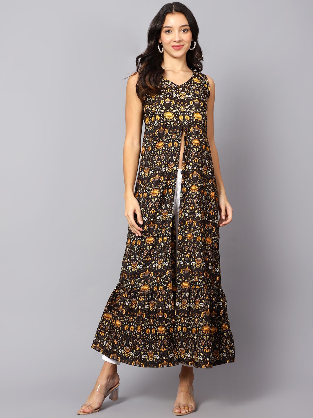 

VESICLE Ethnic Motifs Printed Crepe High Slit Anarkali Kurta, Yellow