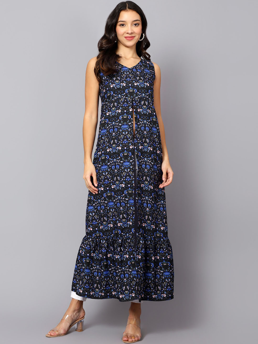 

VESICLE Ethnic Motifs Printed Crepe High Slit Anarkali Kurta, Black