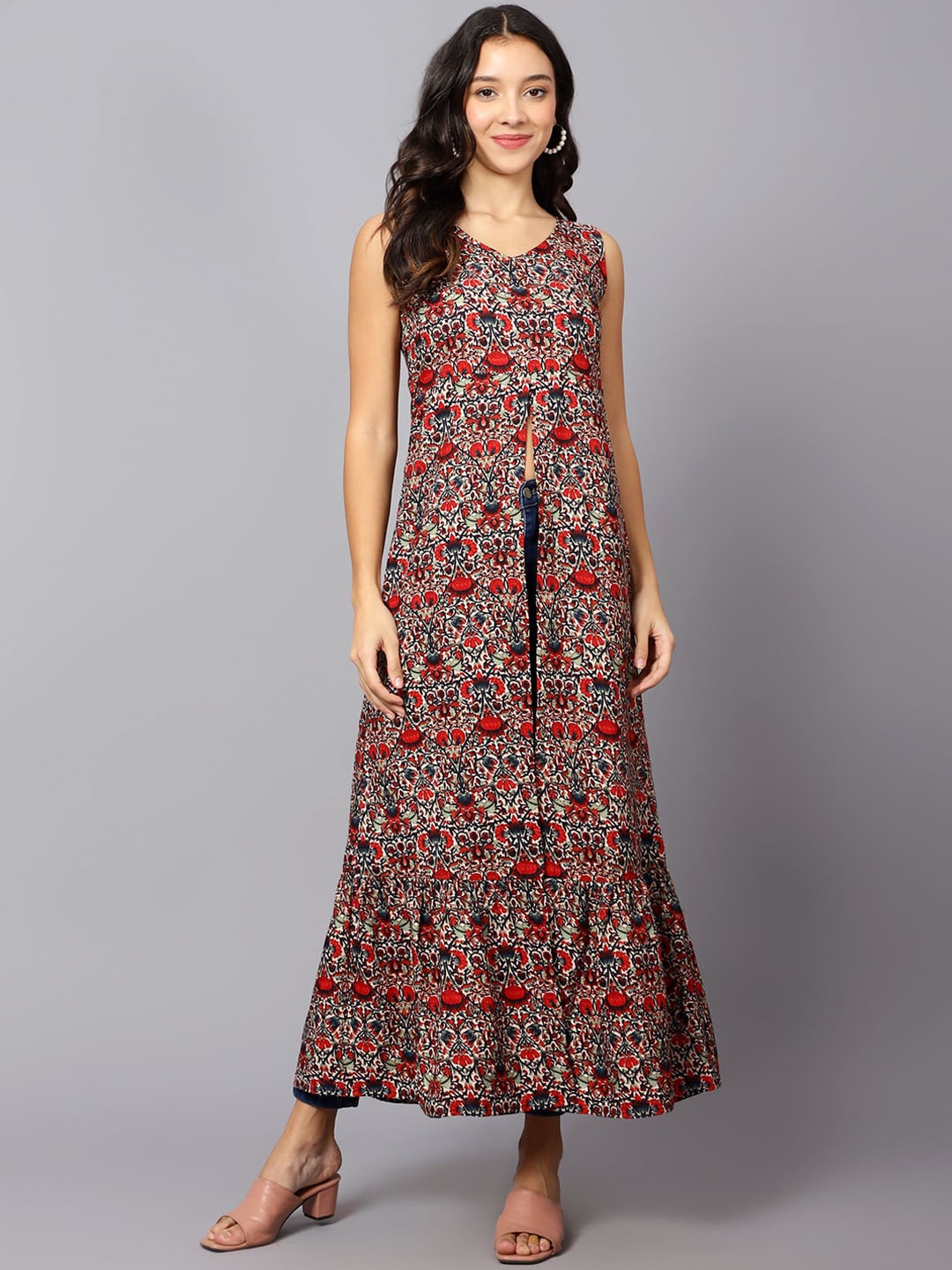 

VESICLE Ethnic Motifs Printed Crepe High Slit Anarkali Kurta, Cream