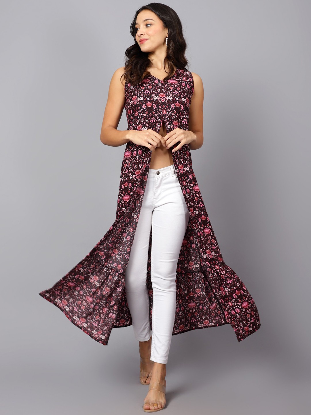 

VESICLE Ethnic Motifs Printed Crepe High Slit Anarkali Kurta, Maroon