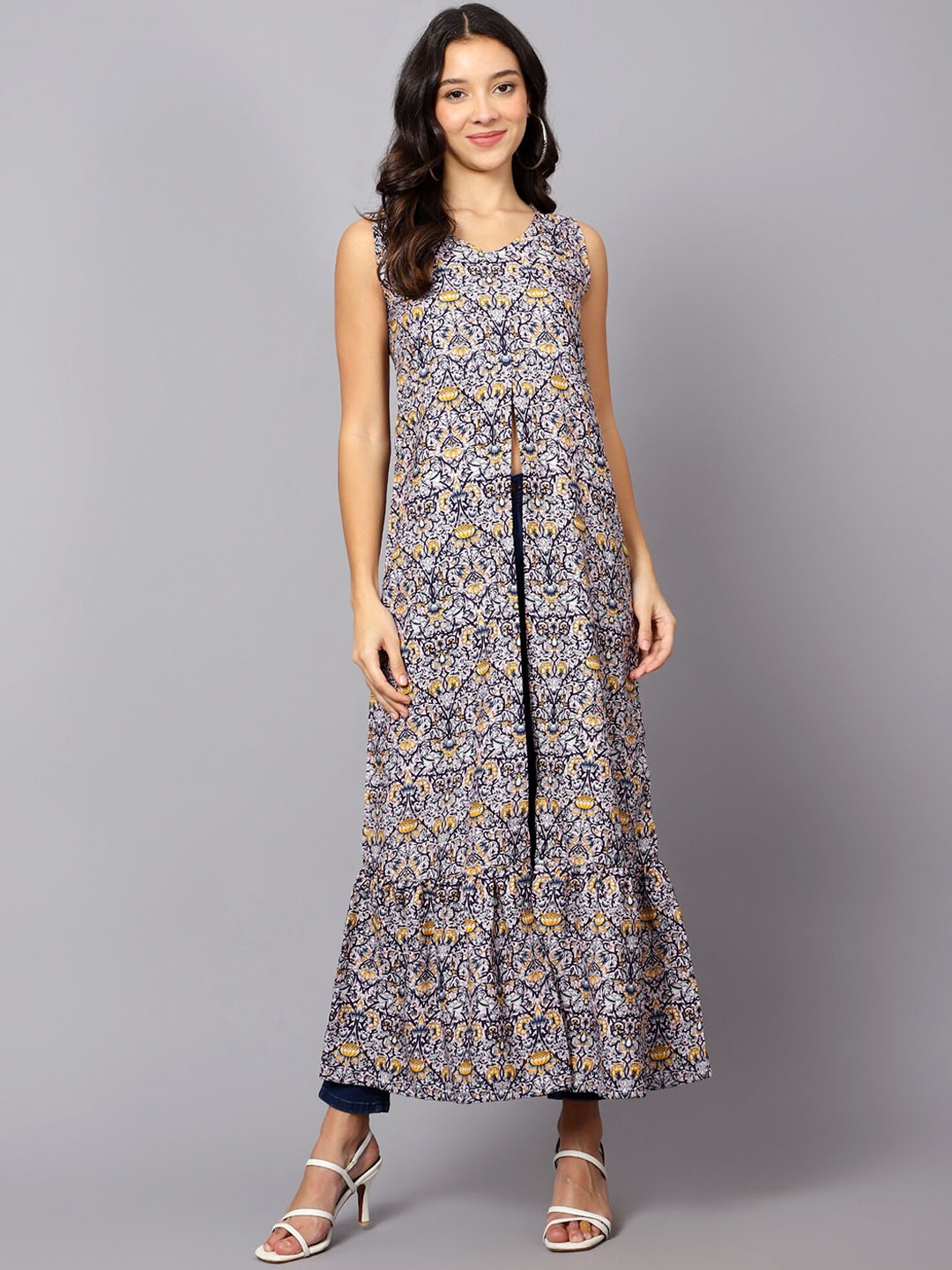 

VESICLE Floral Printed Front High Slit Kurta, Blue