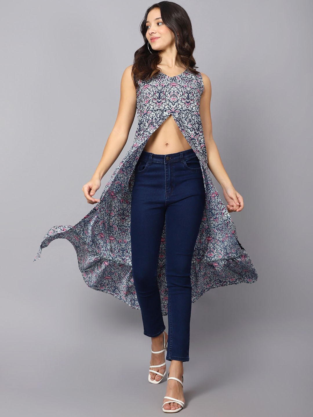 

VESICLE Floral Printed Front High Slit Kurta, Pink