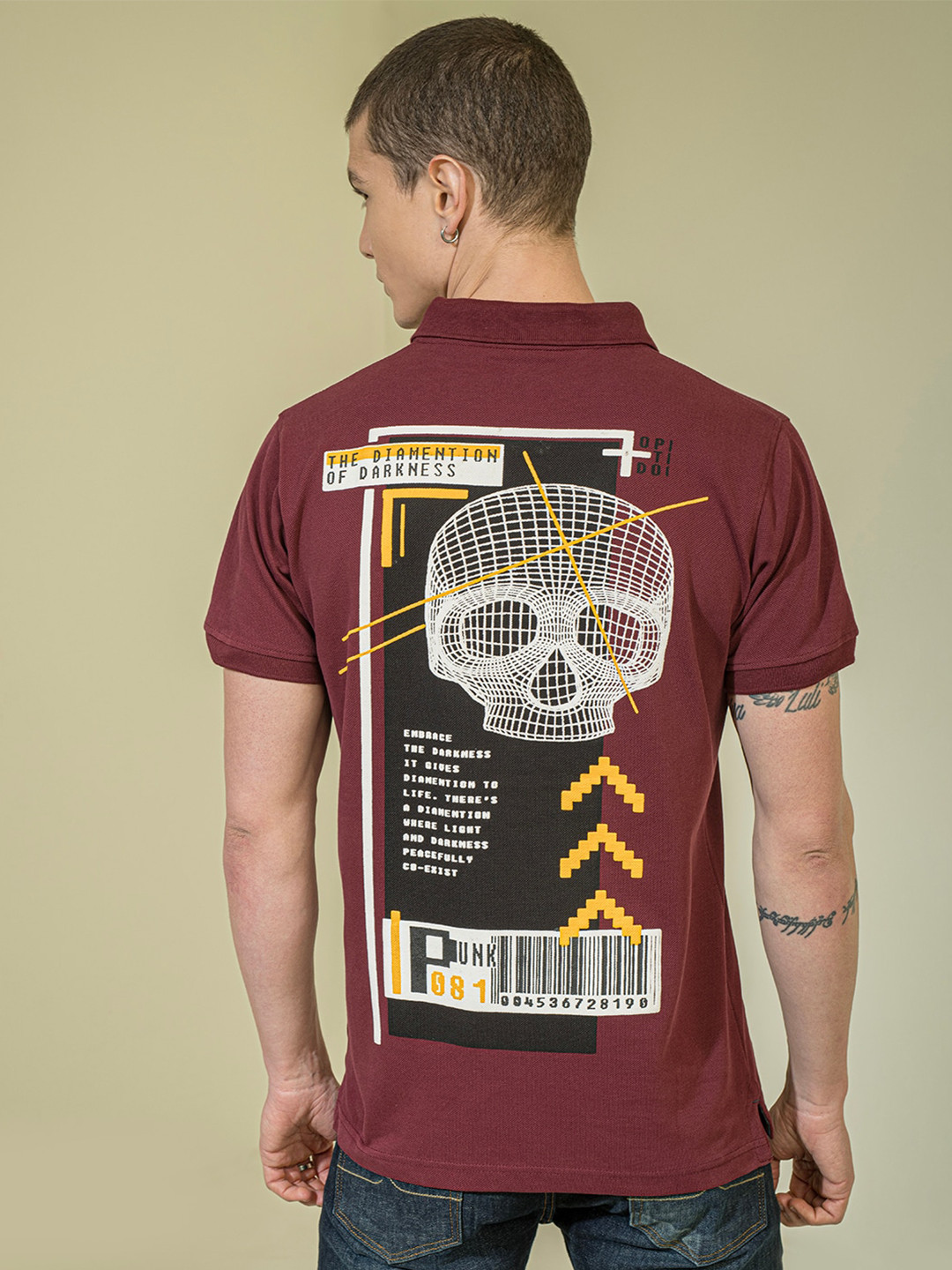

PUNK Graphic Printed Polo Collar Regular Sleeves Cotton T-shirt, Maroon