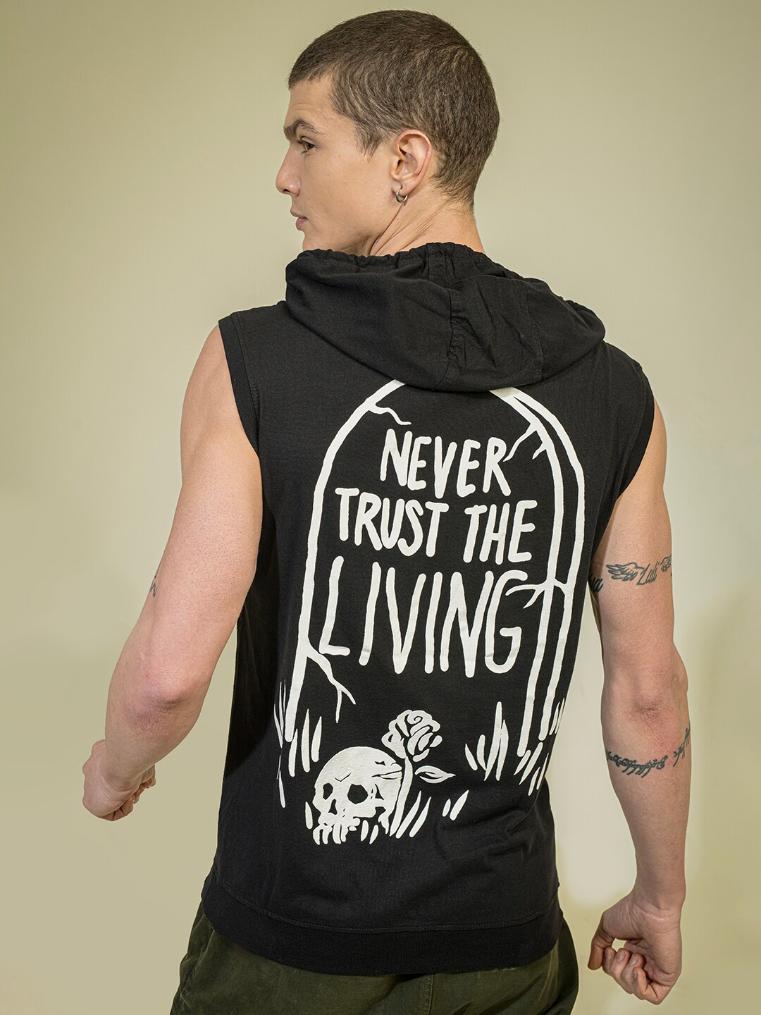 

PUNK Typography Printed Hooded Sleeveless Cotton T-shirt, Black