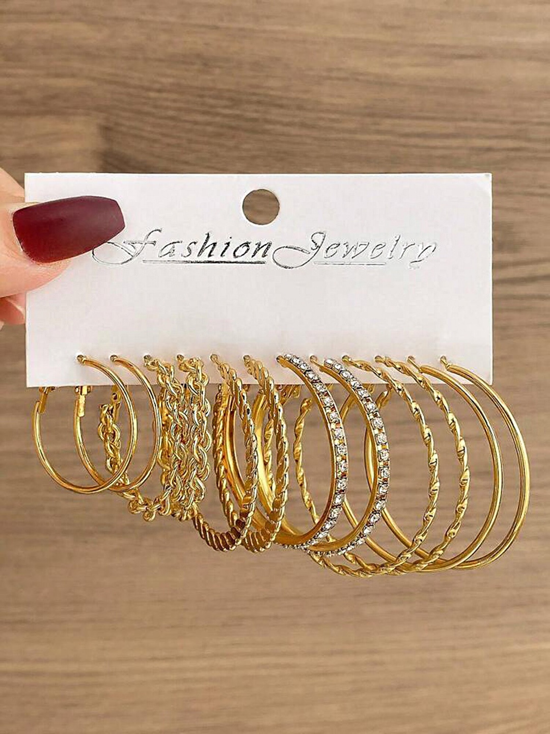 

KARATCART Set Of 6 Gold-Plated Stone Studded Contemporary Hoop Earrings