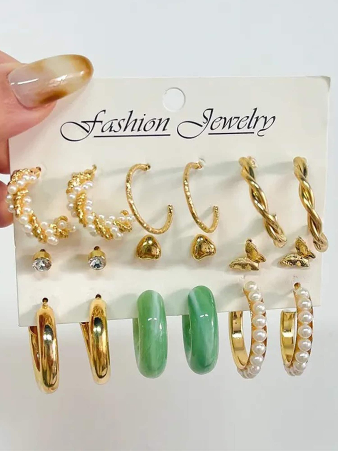 

KARATCART Set Of 9 Gold-Plated Stone Studded Contemporary Hoop & Studs Earrings