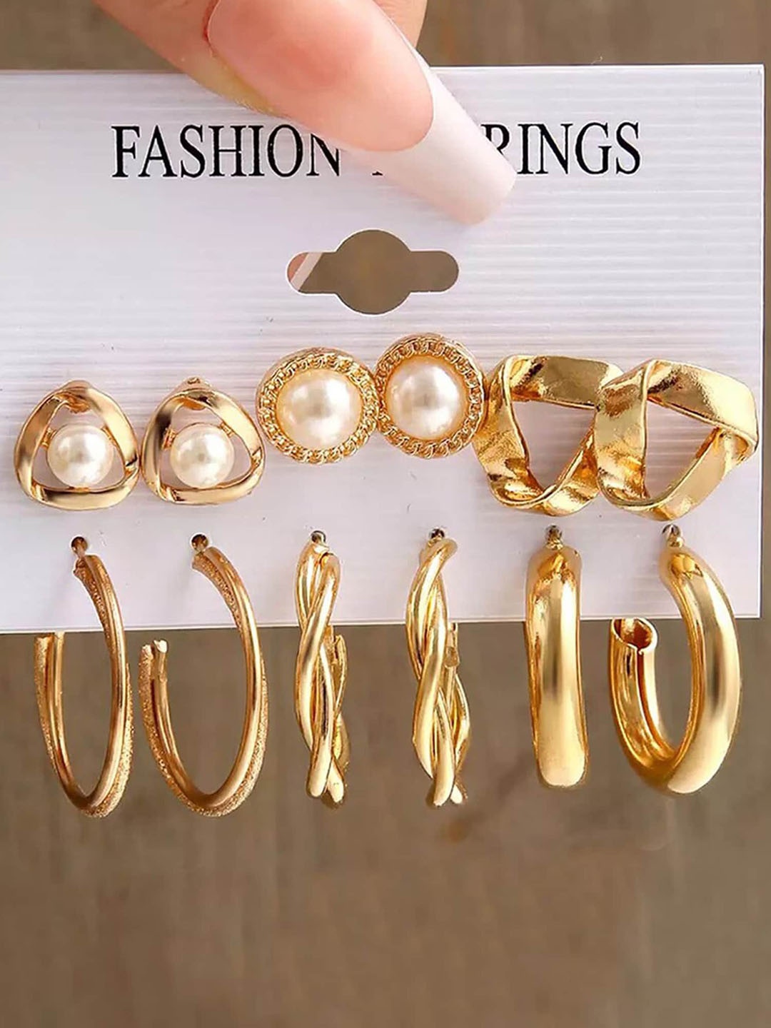 

KARATCART Set Of 6 Gold-Plated Stone Studded Beaded Contemporary Studs & Hoop Earrings