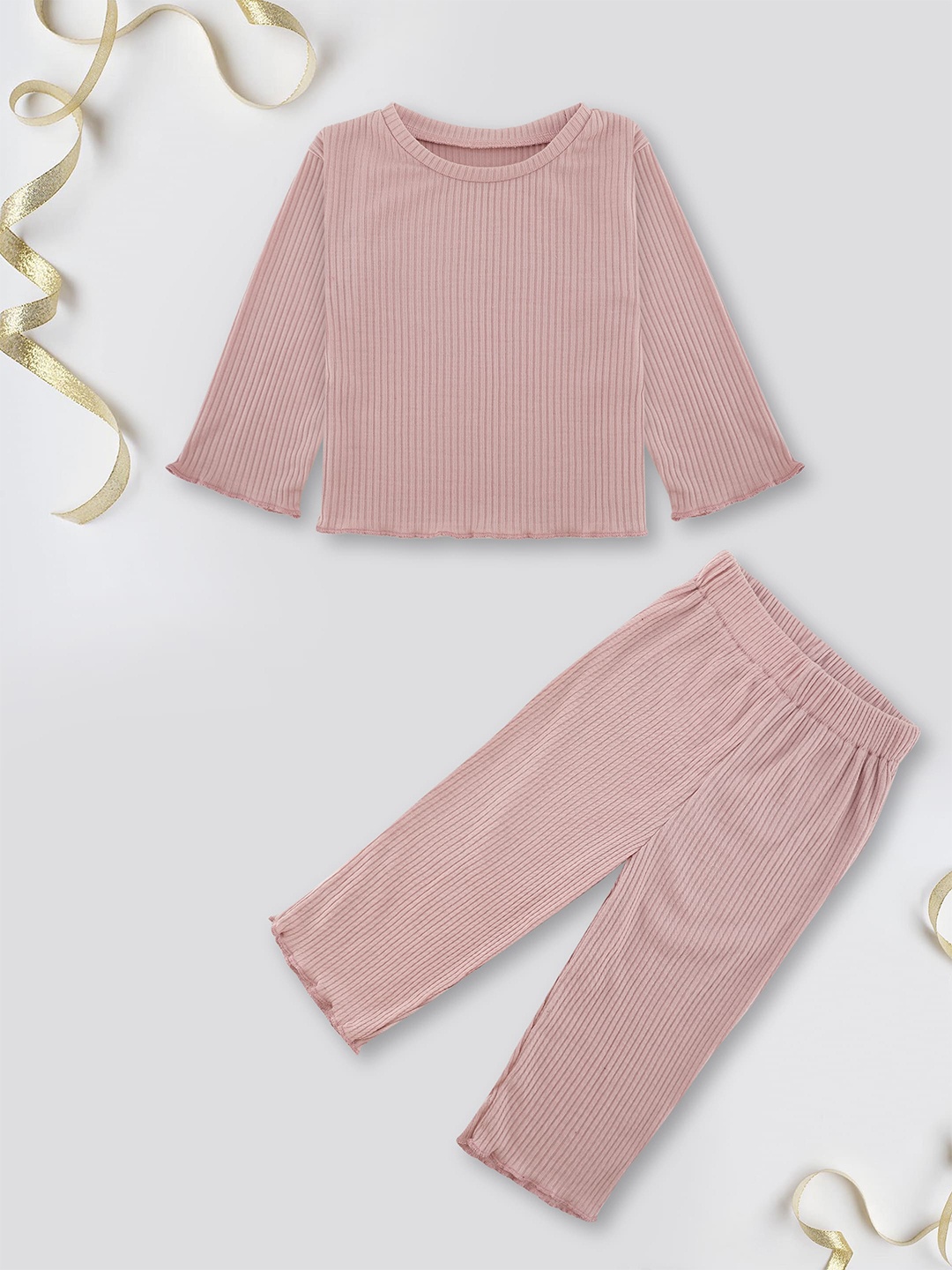 

YK Girls Ribbed T-shirt With Trouser, Pink