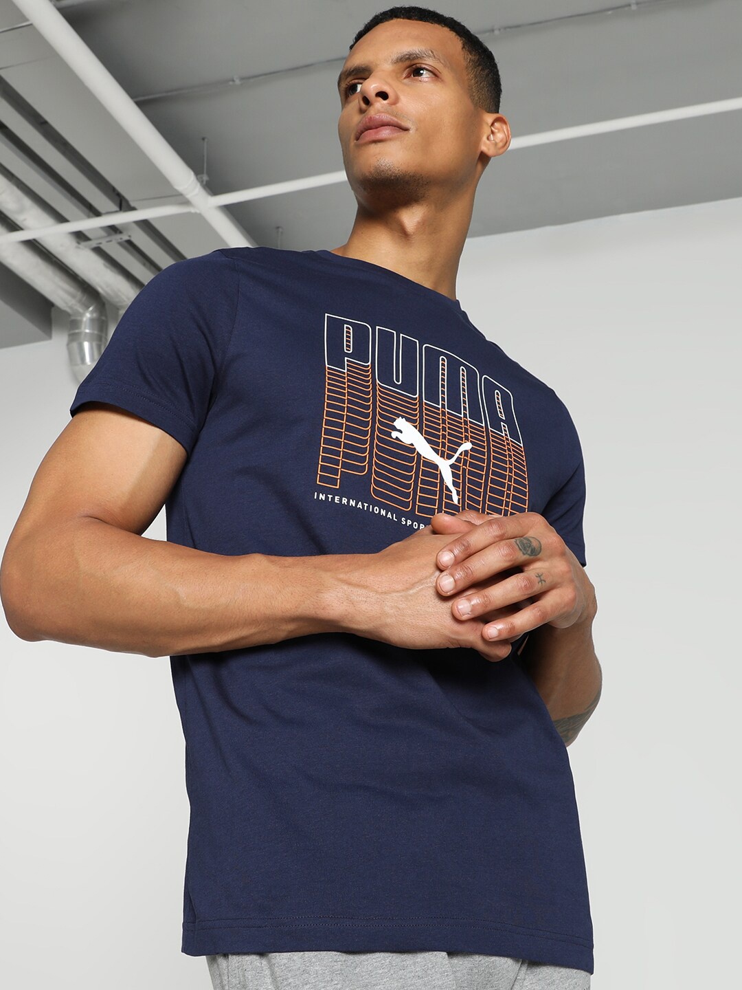 

Puma Stylized Graphic Printed Slim Fit Cotton T-shirt, Navy blue