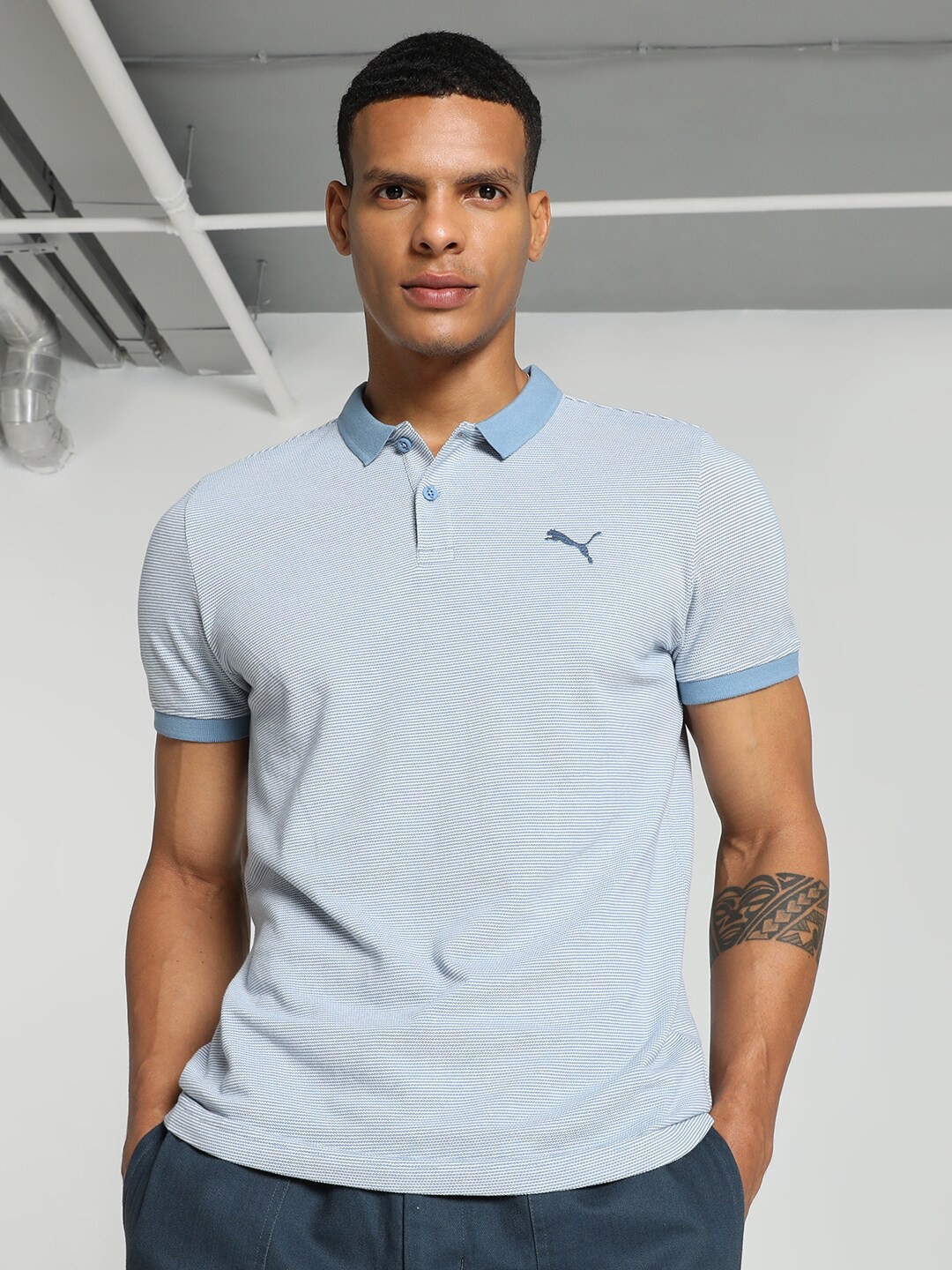 

Puma Elevated Jacquard Slim Fit Polo Collar Cotton T-shirt, Blue