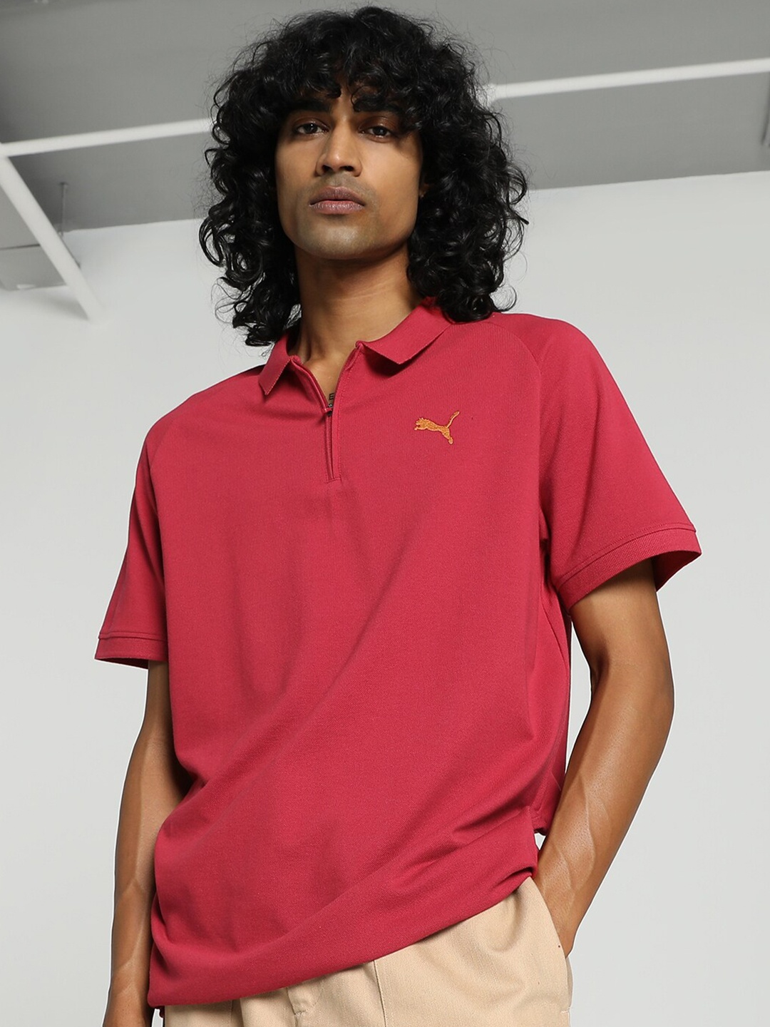 

Puma Raglan Sleeves Slim Fit Polo Collar Cotton T-shirt, Red