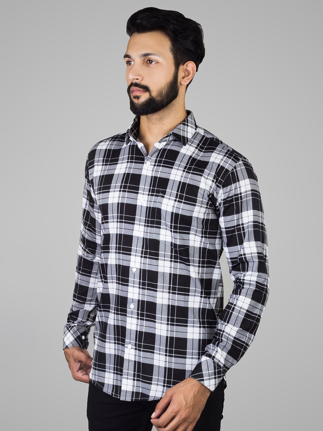 

INDIAN THREADS Comfort Tartan Checked Spread Collar Cotton Casual Shirt, Black