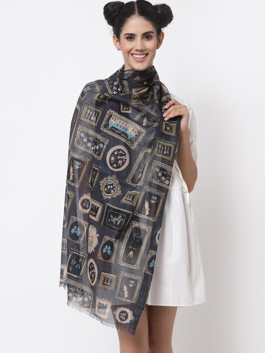 

J Style Geometric Printed Frayed Scarf, Black