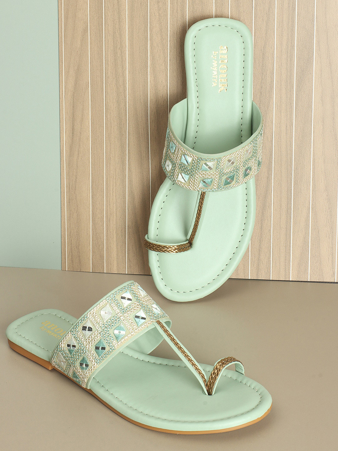 

Anouk Embroidered Open Toe Flats, Green
