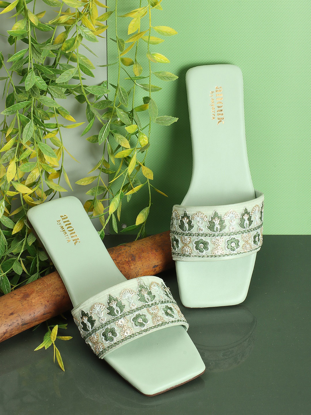 

Anouk Embroidered Open Toe Flats, Green