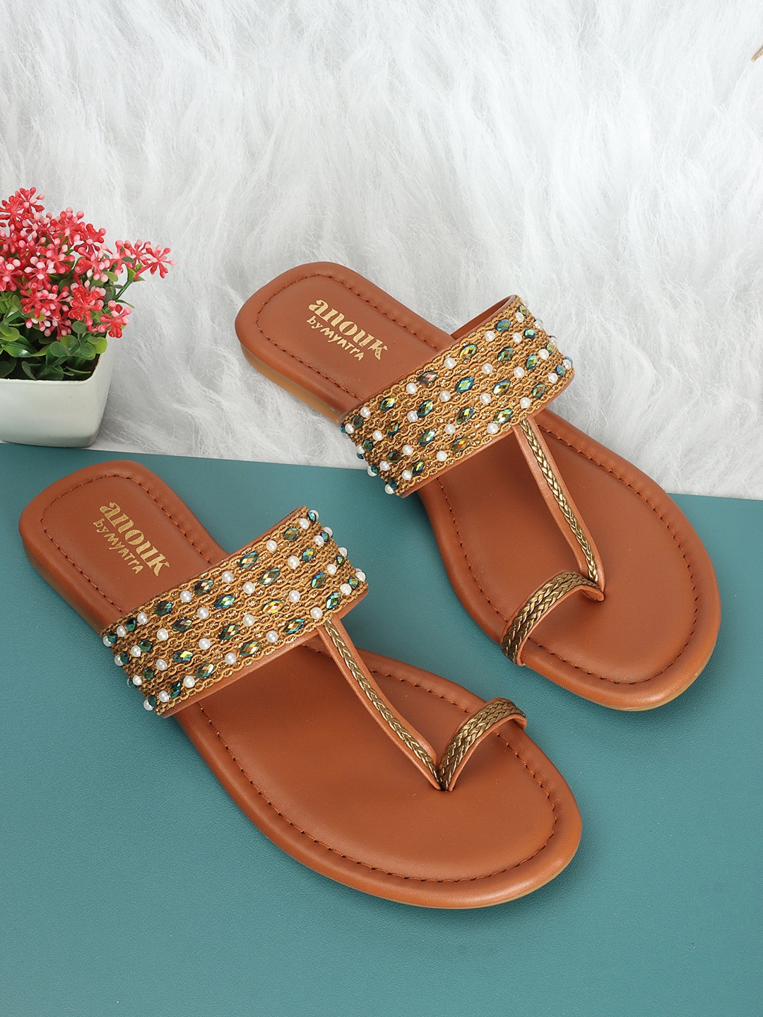 

Anouk Embellished One Toe Flats, Tan