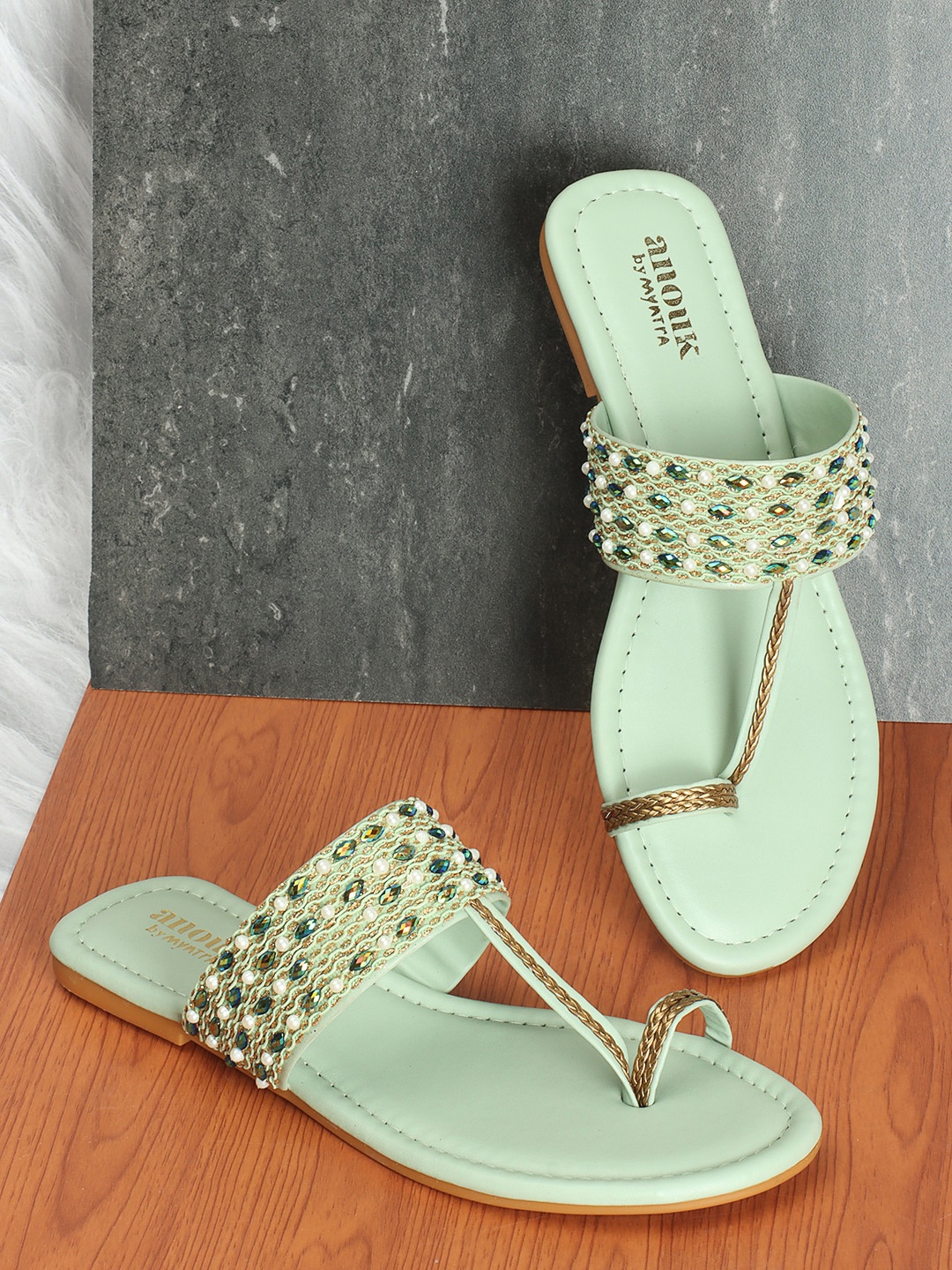 

Anouk Embellished Open Toe Flats, Green