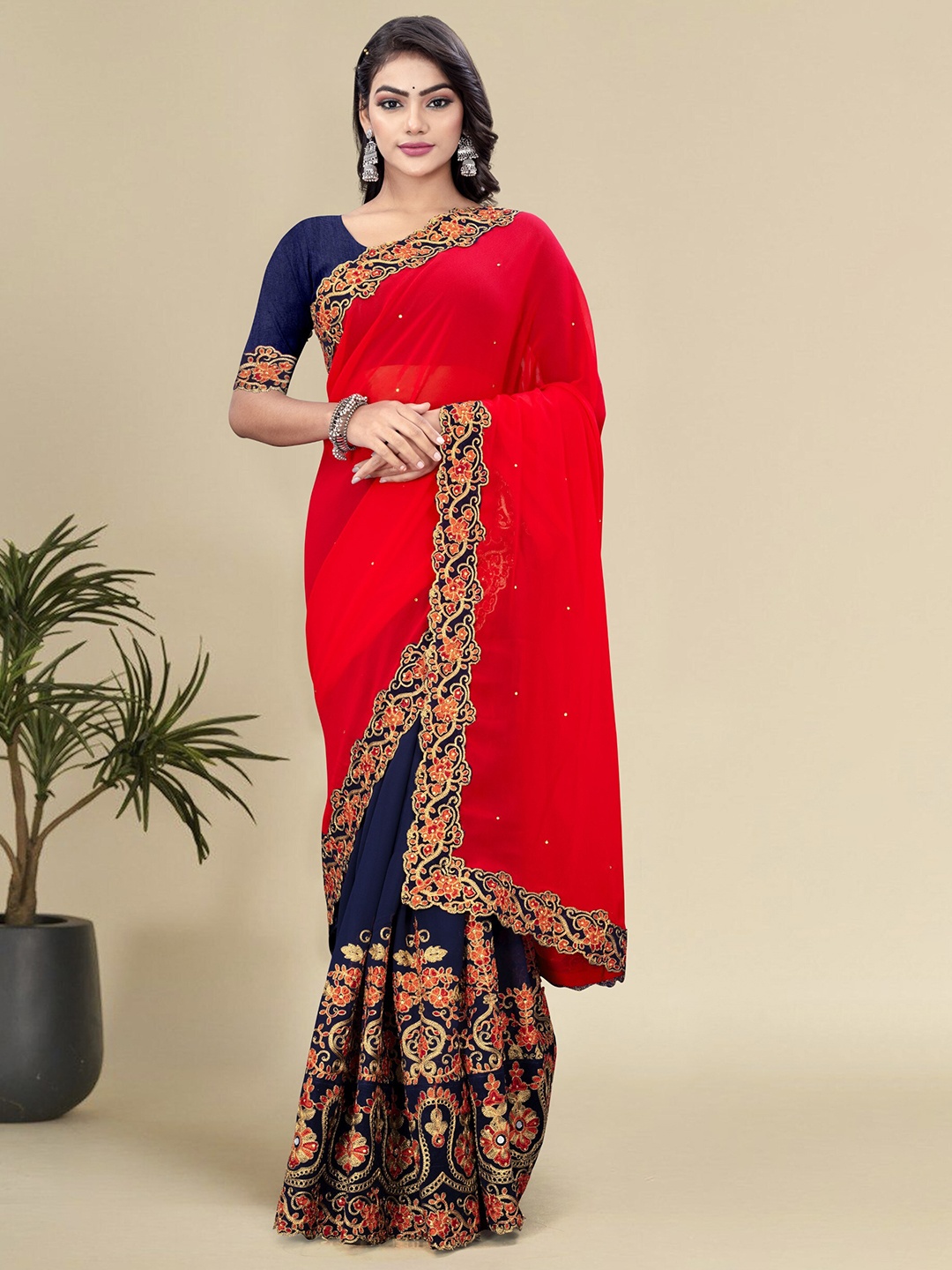 

Celeb Styles Ethnic Motifs Embroidered Pure Georgette Half and Half Saree, Red