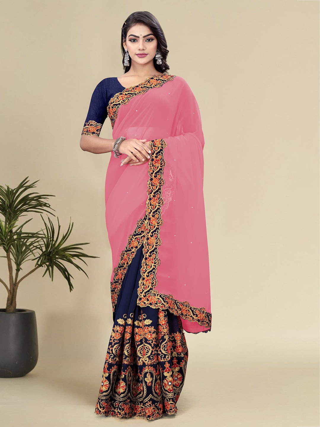 

Celeb Styles Floral Embroidered Pure Georgette Half and Half Saree, Rose