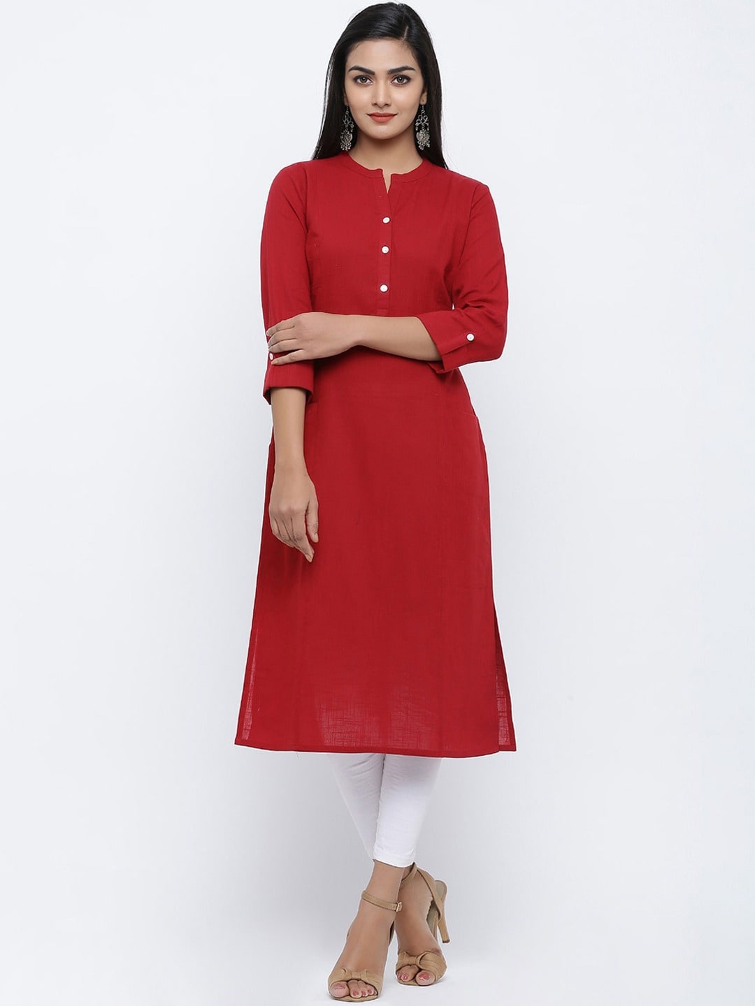 

KALINI Roll-Up Sleeves Straight Pure Cotton Kurta, Maroon