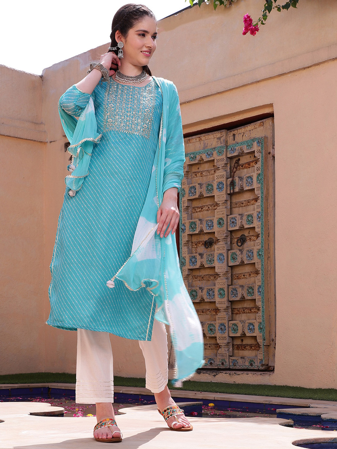 

Sangria Embroidered Leheriya Kurta Set, Turquoise blue