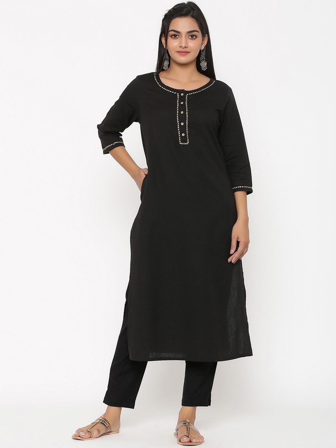 

KALINI Yoke Design Round Neck Thread Work Cotton Straight Kurta, Black