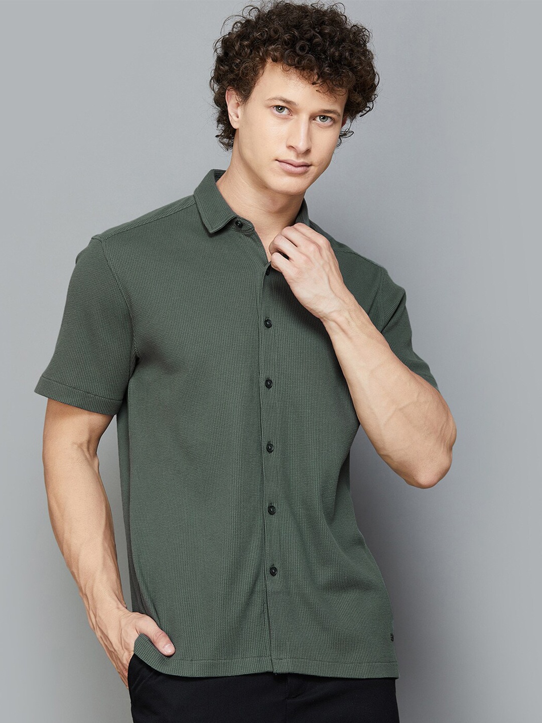 

Fame Forever by Lifestyle Textured Short Sleeves Casual Shirt, Olive