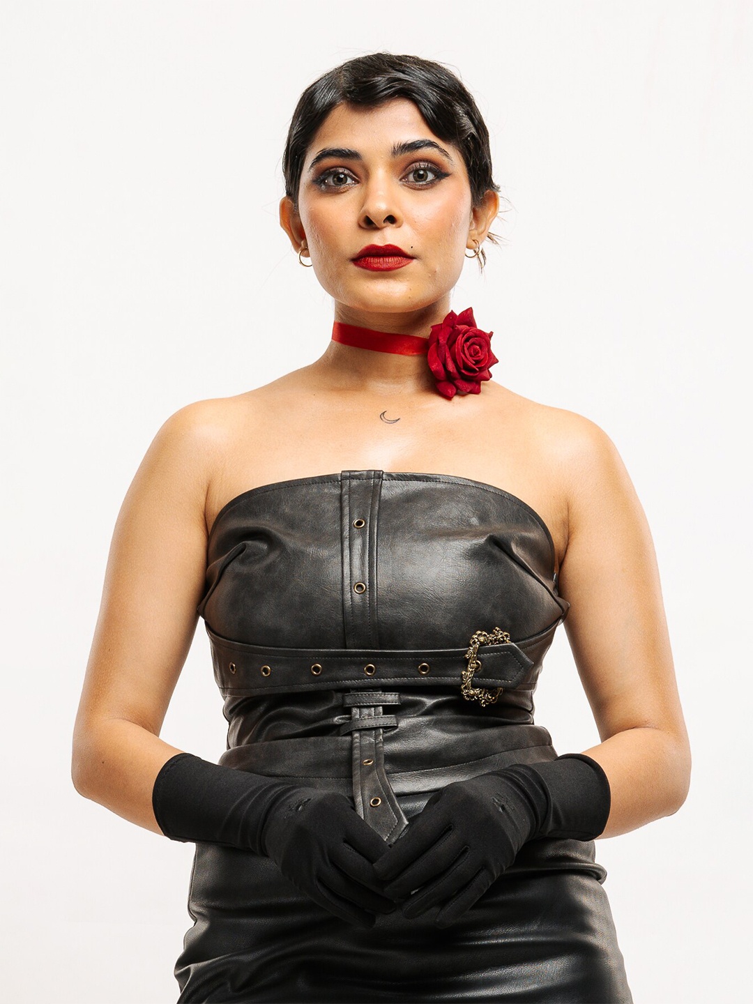 

FREAKINS Faux Leather Tube Crop Top with Metal Buckle, Black