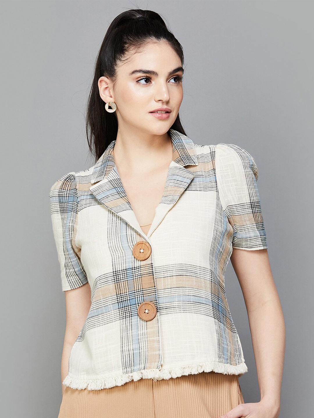 

CODE by Lifestyle Checked Cotton Button Shrug, Beige