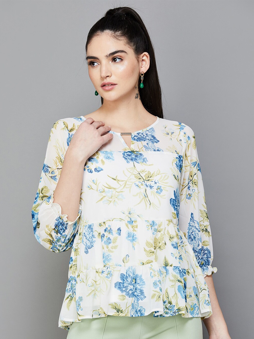 

CODE by Lifestyle Round Neck Floral Printed Peplum Top, Off white