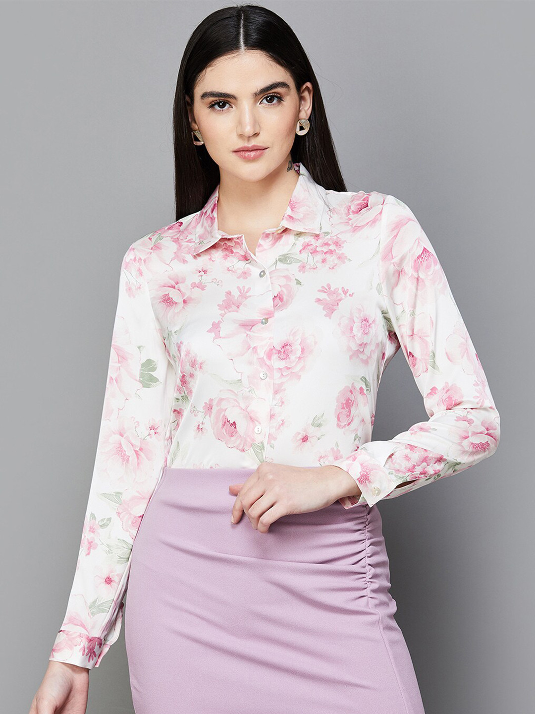 

CODE by Lifestyle Floral Printed Shirt Style Top, Beige