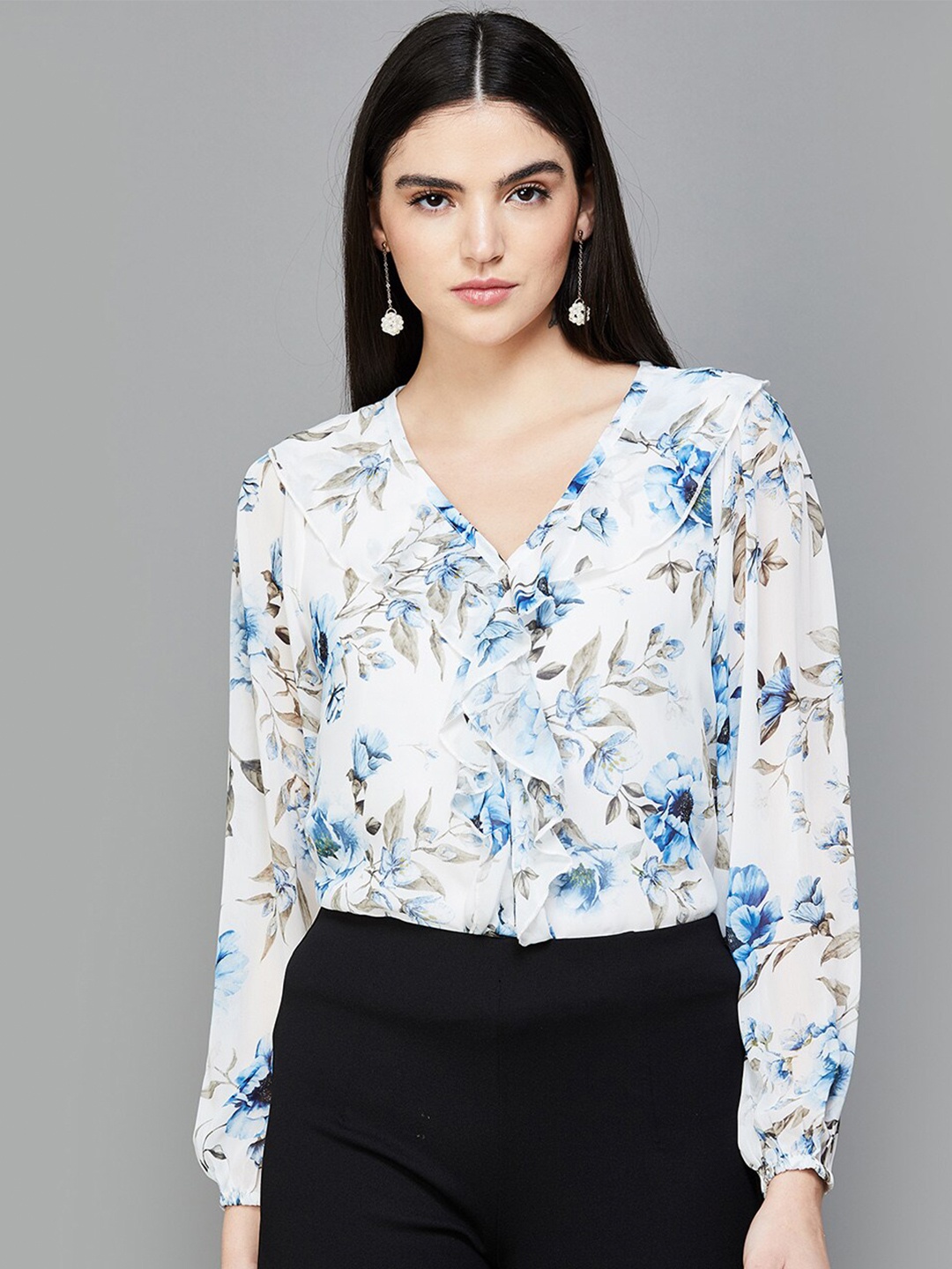 

CODE by Lifestyle Floral Printed Puff Sleeve Wrap Top, Off white
