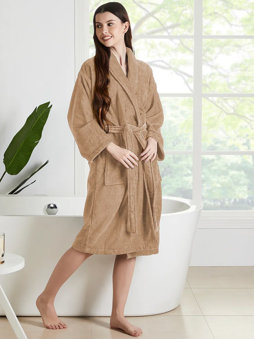 

SENSES Tan Plush Soft Terry 400 GSM Pure Cotton Shawl Collar Bathrobe