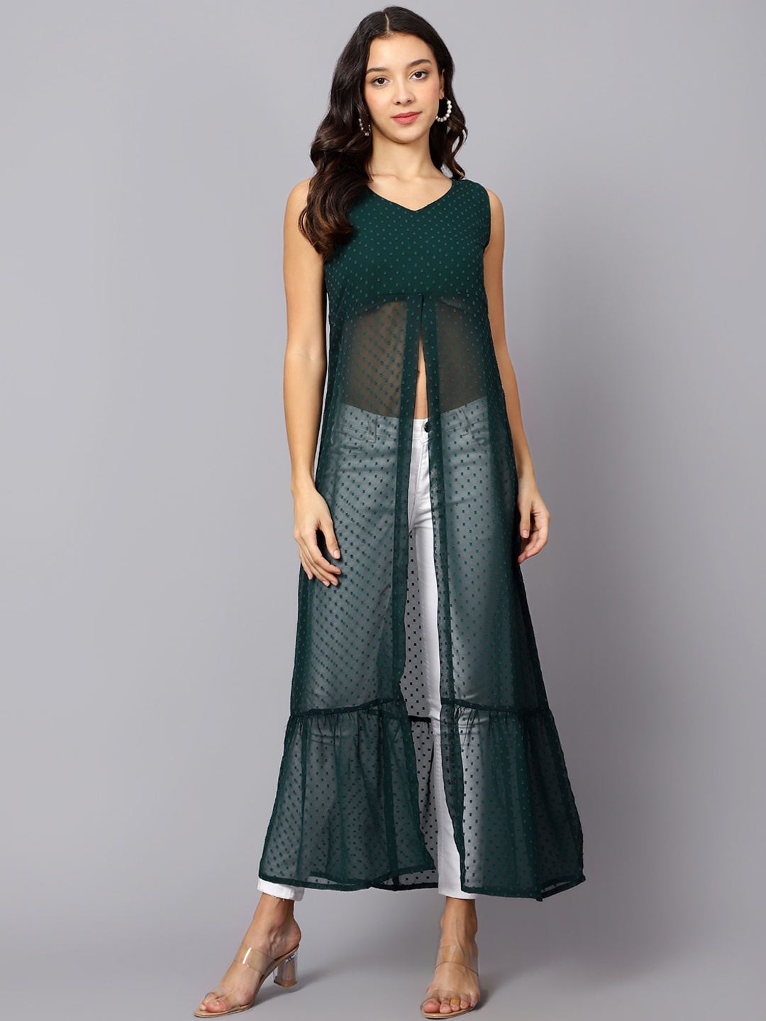 

VESICLE Woven Design Front Slit V Neck Sleeveless Georgette A-Line Kurta, Green