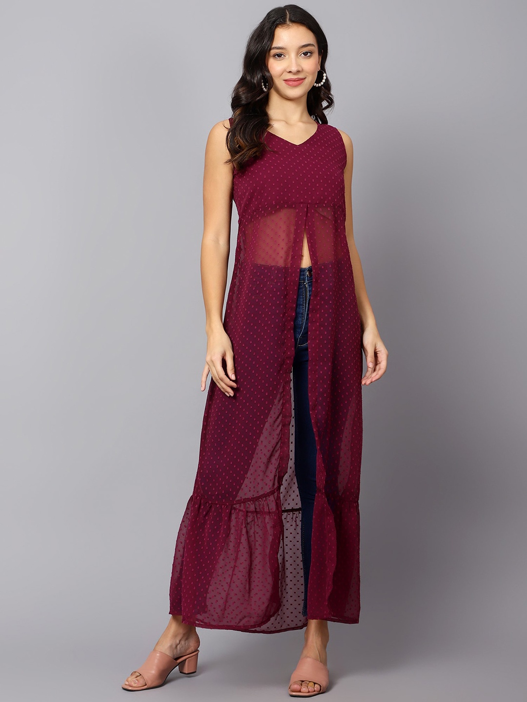 

VESICLE Woven Design Front Slit V Neck Sleeveless Georgette A-Line Kurta, Maroon
