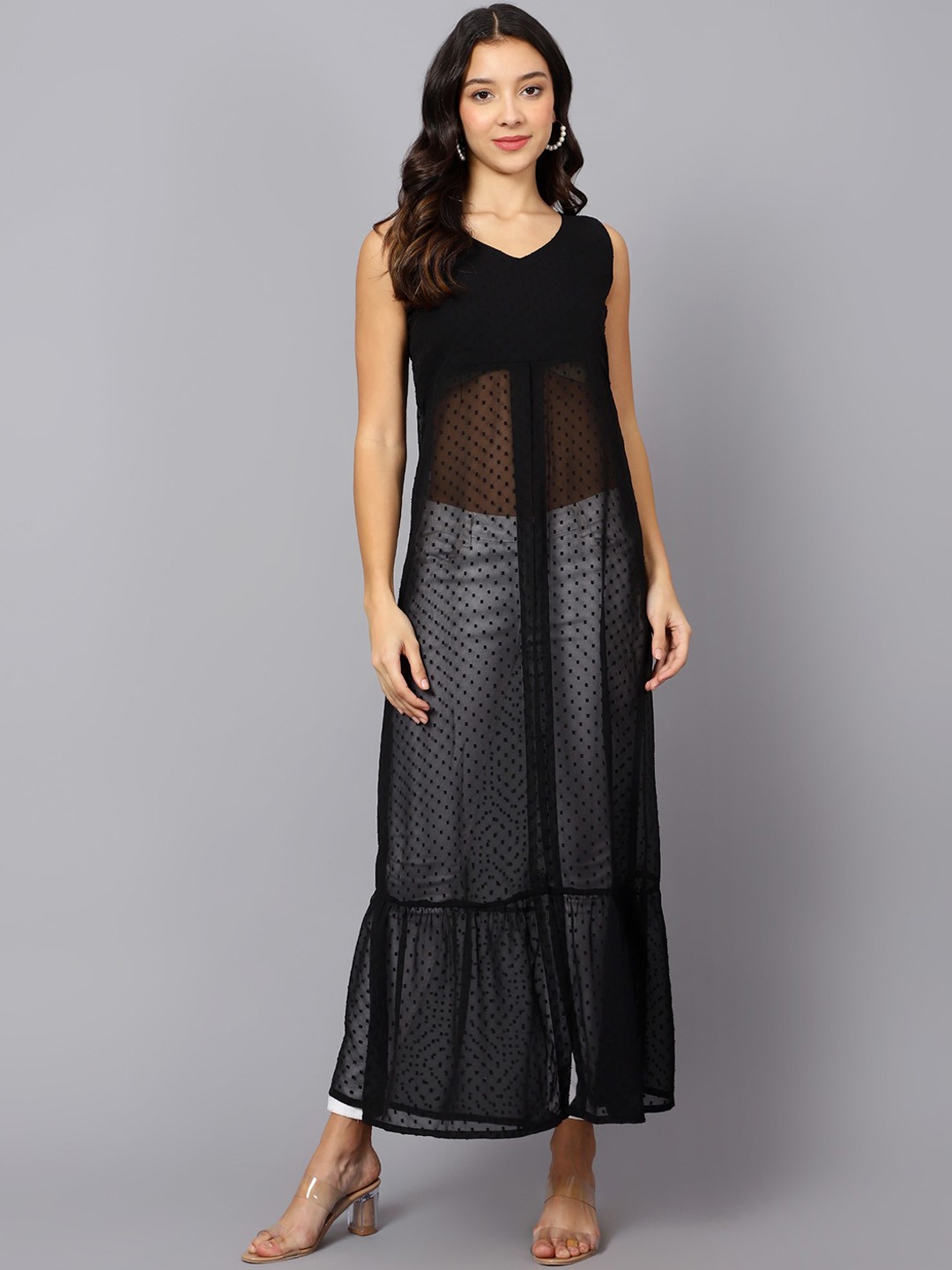 

VESICLE Woven Design Front Slit V Neck Sleeveless Georgette A-Line Kurta, Black
