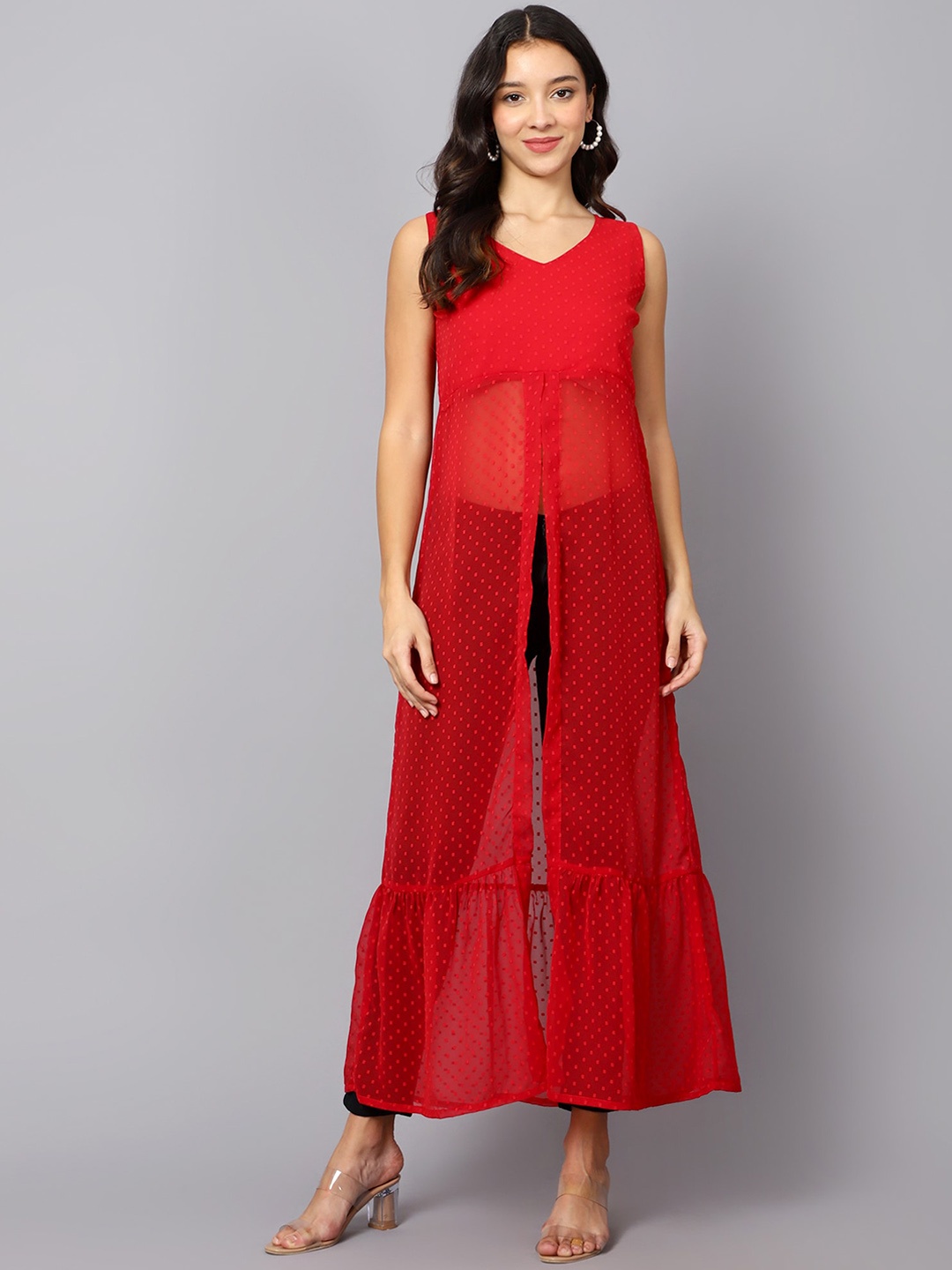 

VESICLE Woven Design Front Slit V Neck Sleeveless Georgette A-Line Kurta, Red